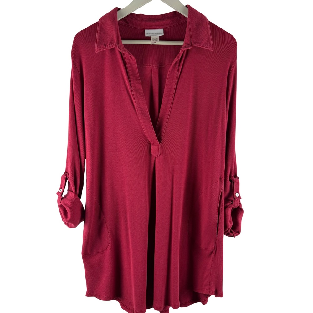 Soft Surroundings Berry Red Ribbed Knit Tunic Top Roll Tab Sleeve Pockets Sz